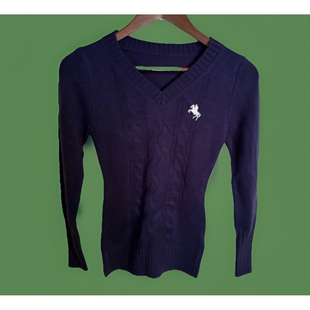 Shein Womens Sweater Small Blue White Pony Long Sleeve V Neck Knit NEW